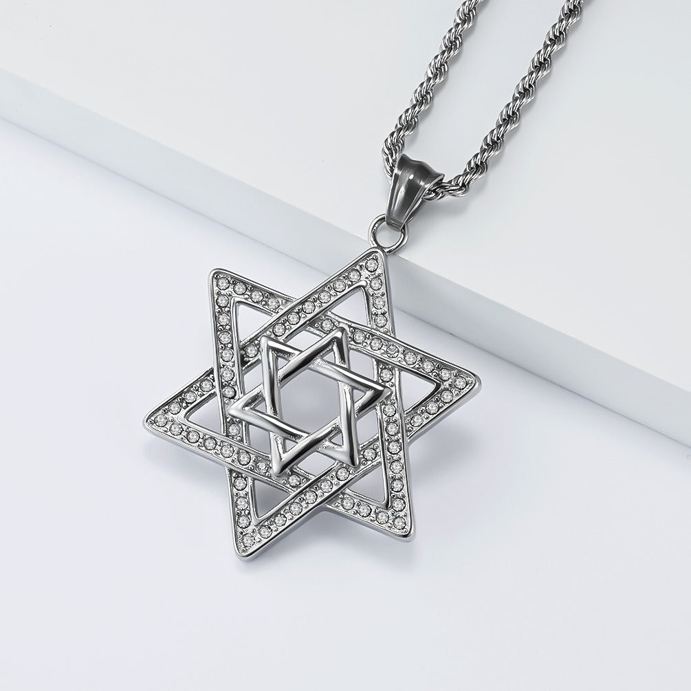 Kemstone Stainless Steel Six-Point Star Pendant Necklace – Rhinestone Hip Hop Style K-PT685