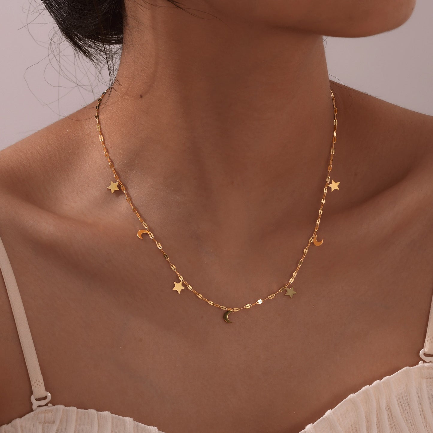 Chic Lip Chain Moon & Star Necklace – Gold-Tone Stainless Steel, Celestial-Inspired Statement Piece NC-1886