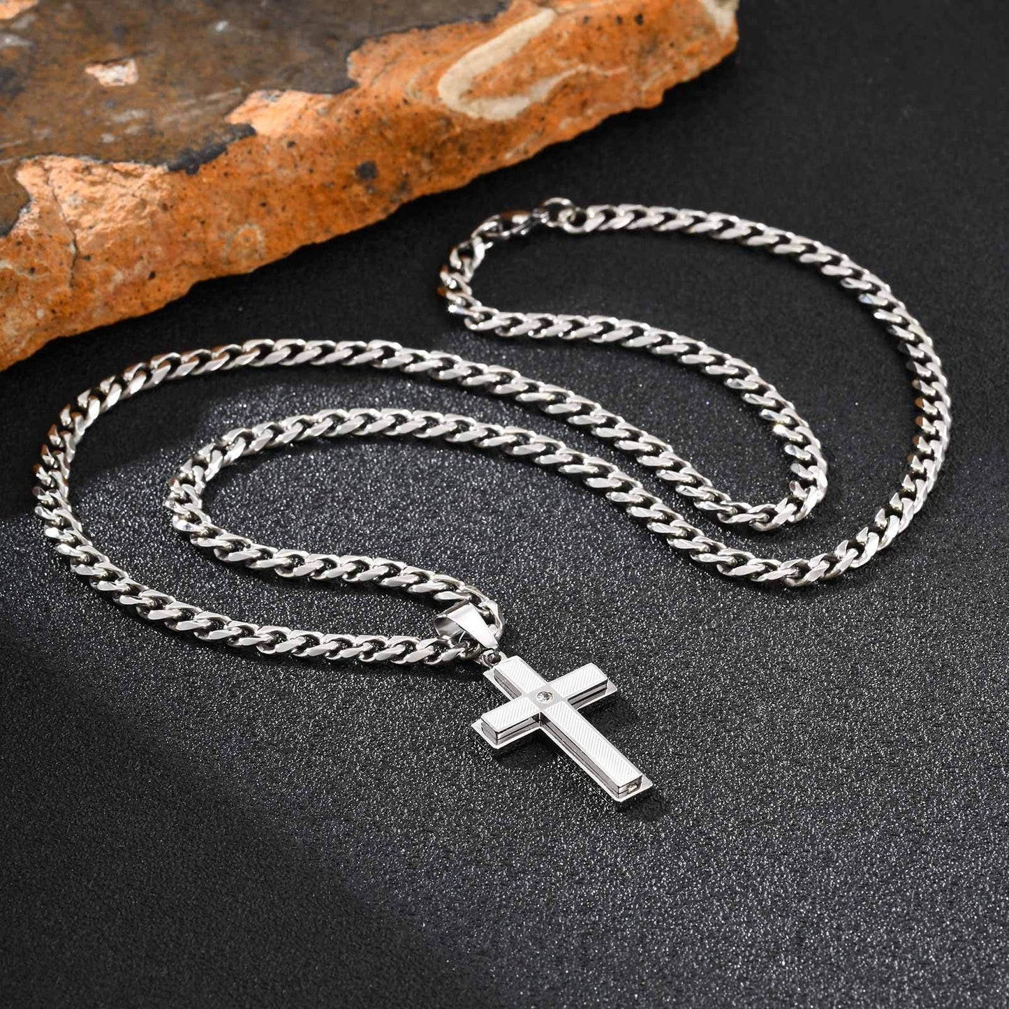 Kemstone Textured Cross Pendant Necklace for Men – Stainless Steel with Cubic Zirconia PN-2237