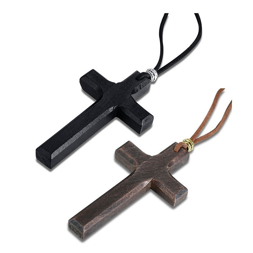 Kemston Wooden Cross Pendant Necklace for Men Adjustable Cord PN-1278