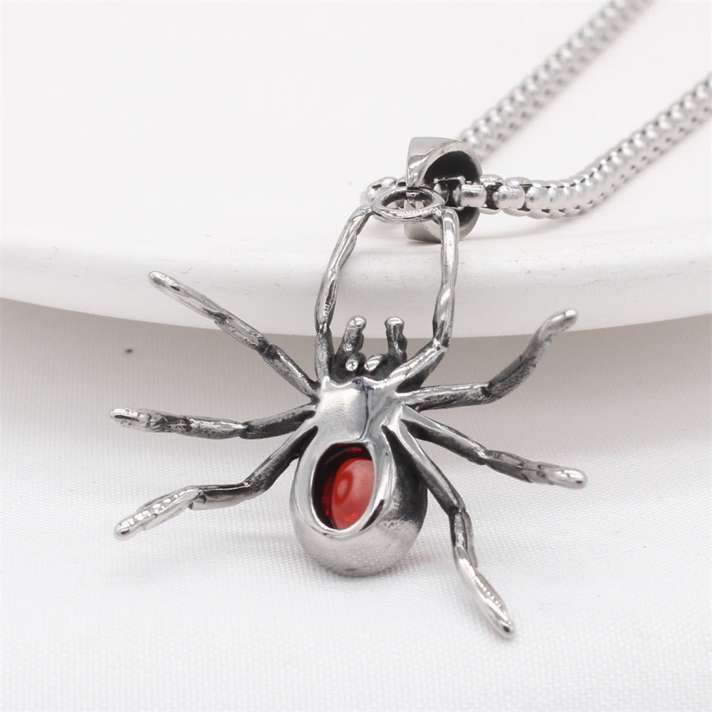 Kemstone Titanium Steel Spider Pendant Necklace for Men – Black & Red Stone Options P1412