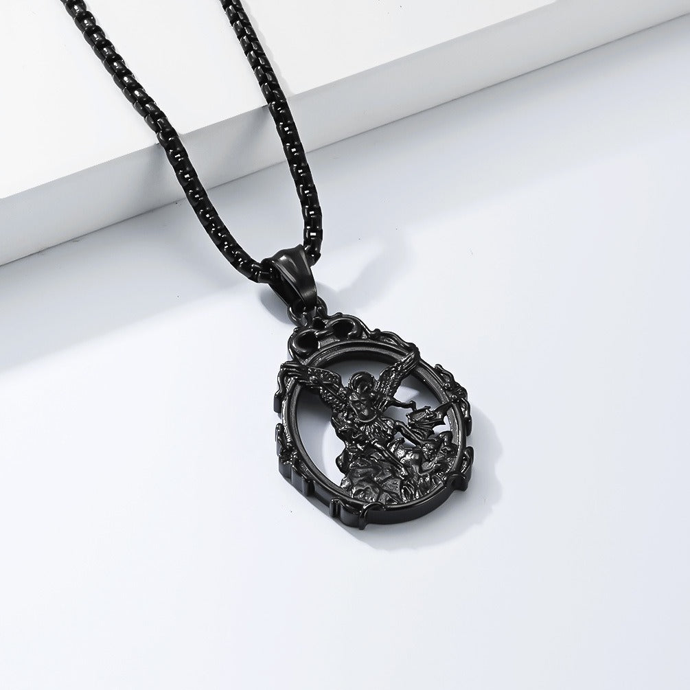 Kemstone Stainless Steel Angel Pendant Necklace for Men Vintage Relief Archangel Medallion Oval Silver Gold Black K-PT711