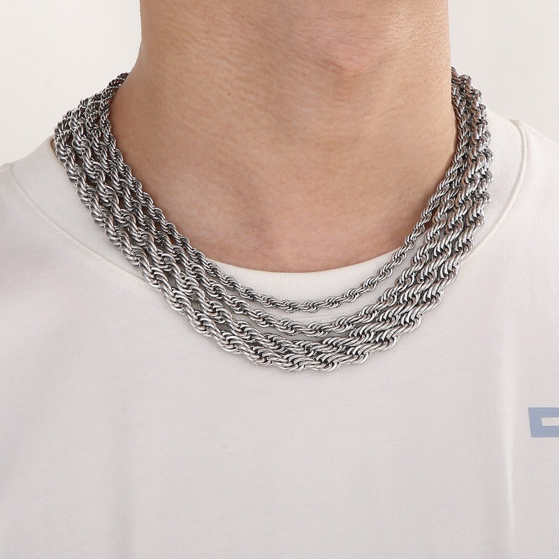 Kemstone Titanium Steel Twisted Rope Chain Necklace - Layering Necklace for Hiphop Rock Minimalist Jewelry, Stainless Steel Textured Collarbone Accessories KN228814-Z
