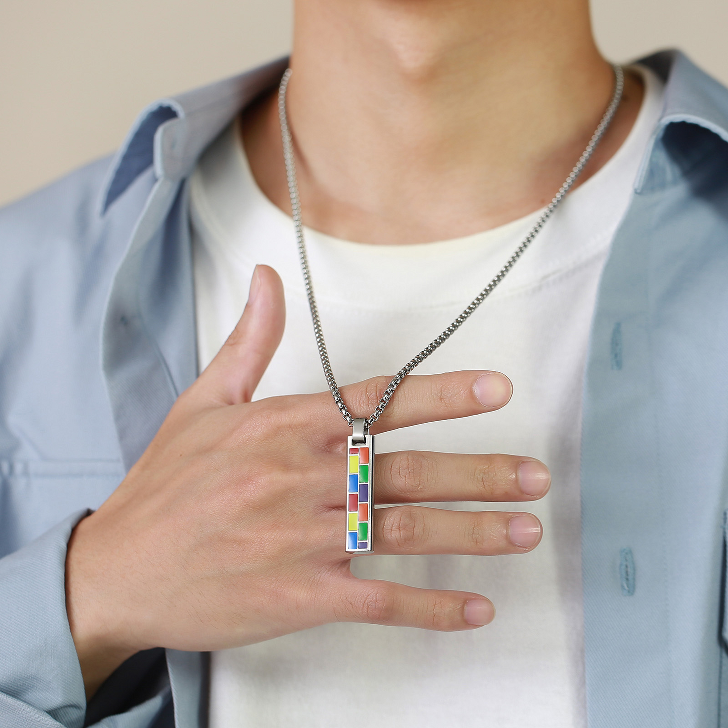 Kemstone Color Block Bar Pendant Necklace Stainless Steel Rectangle Design for Men PPN-004