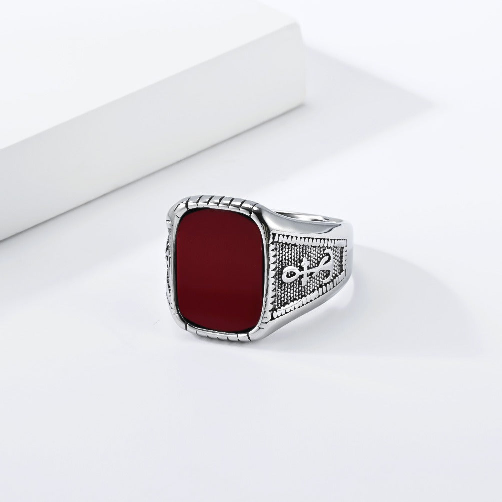 Kemstone Anchor Square Signet Ring for Men Stainless Steel Vintage Stone Detail K-R1212