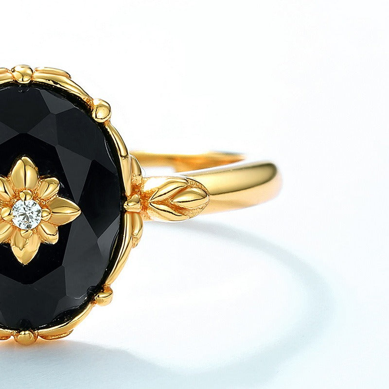 Anillo de ónix negro vintage de diseño original artesanal de Kemstone - Plata S925 ajustable con baño de oro de 10 quilates