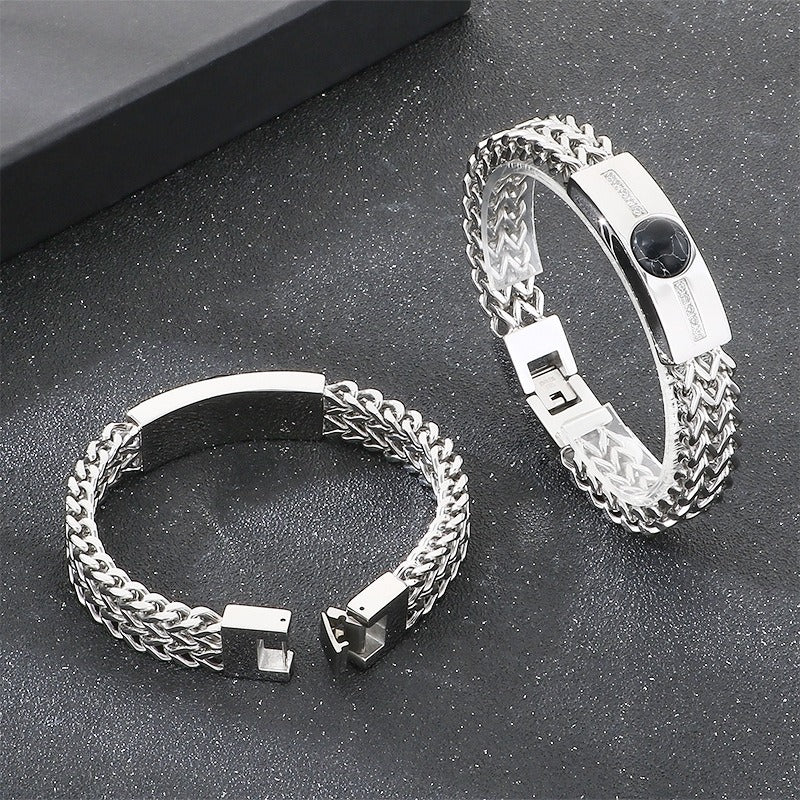 Kemstone Titanium Steel ID Bar Bracelet for Men Stone Inlay Braided Chain KB212795-KFC