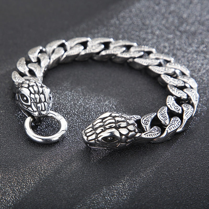 Kemstone Double Snake Head Bracelet – Titanium Steel Cuban Chain for Men | Gothic Punk Vintage Style KB161368-KJX