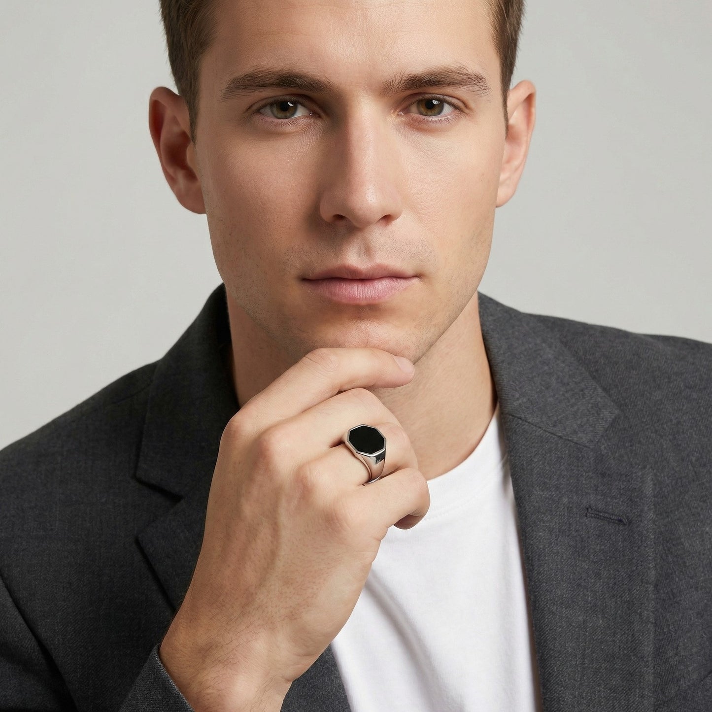 Kemstone Stainless Steel Punk Hexagonal Black Resin Ring for Men C-1088