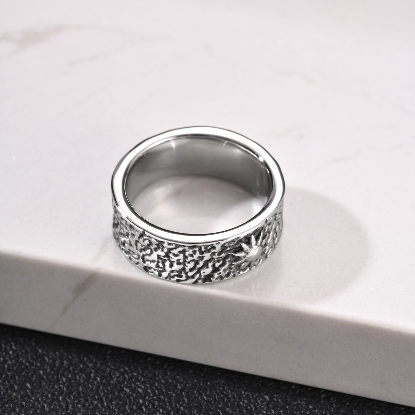 Kemston Sun Moon Ring for Men Stainless Steel Textured Vintage RC-1146