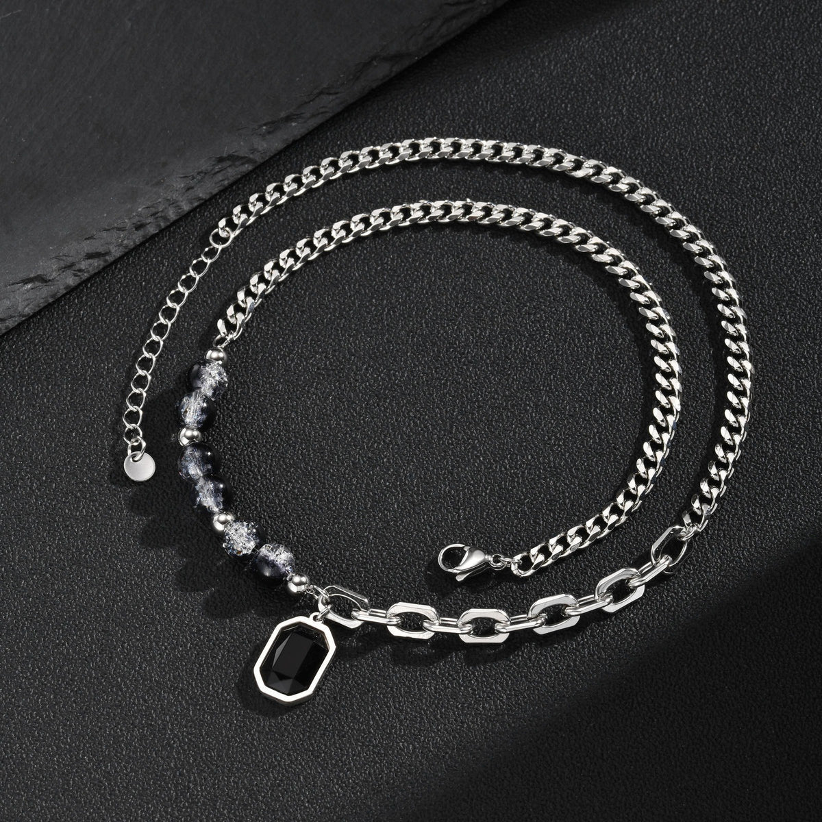 Kemstone Black Glass Necklace for Men Mixed-Link Beaded Chain NC-3269