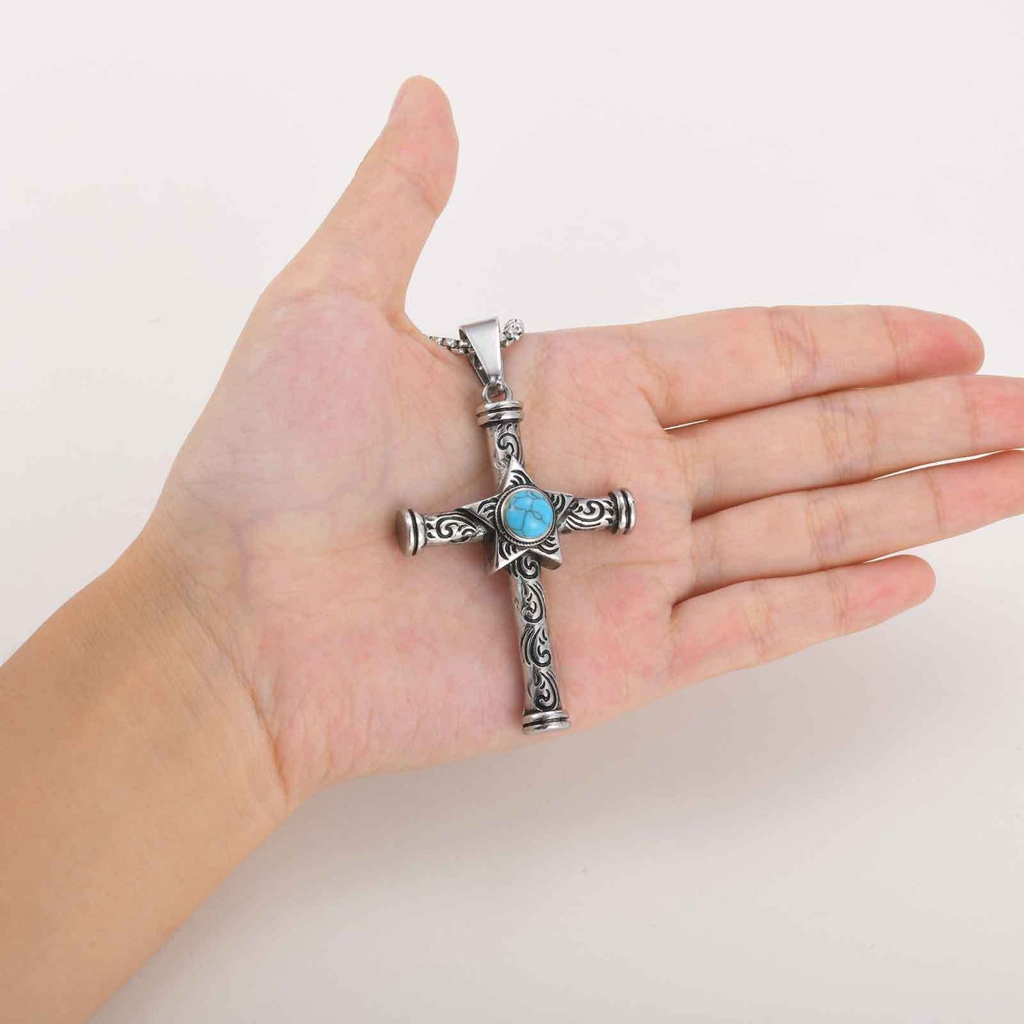 Kemstone Stainless Steel Cross Pendant Necklace Men’s Turquoise Star PN-2235
