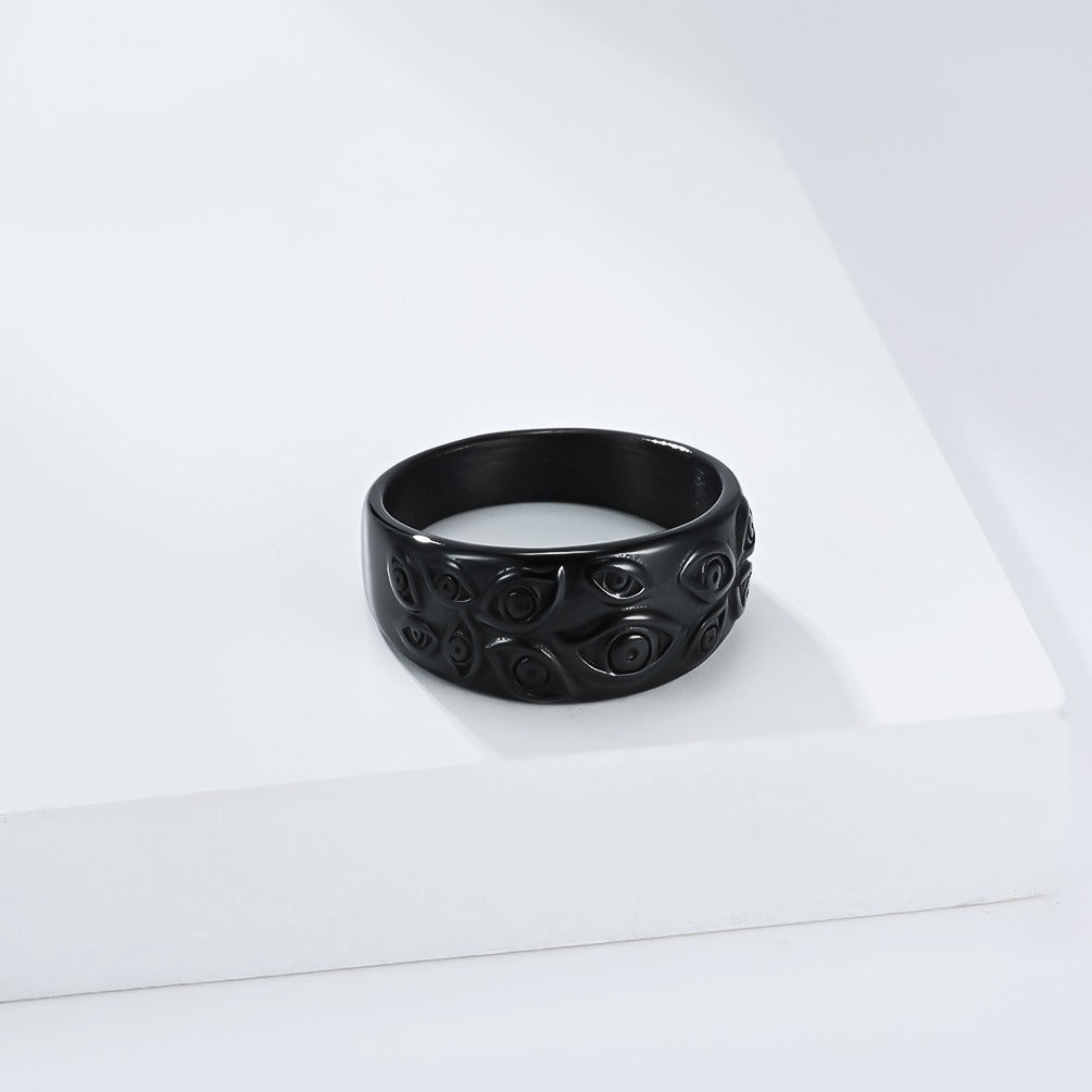 Kemstone Titanium Steel Evil Eye Ring for Men – 10mm Gothic Demon Band Jewelry, Silver/Gold/Black K-R1082