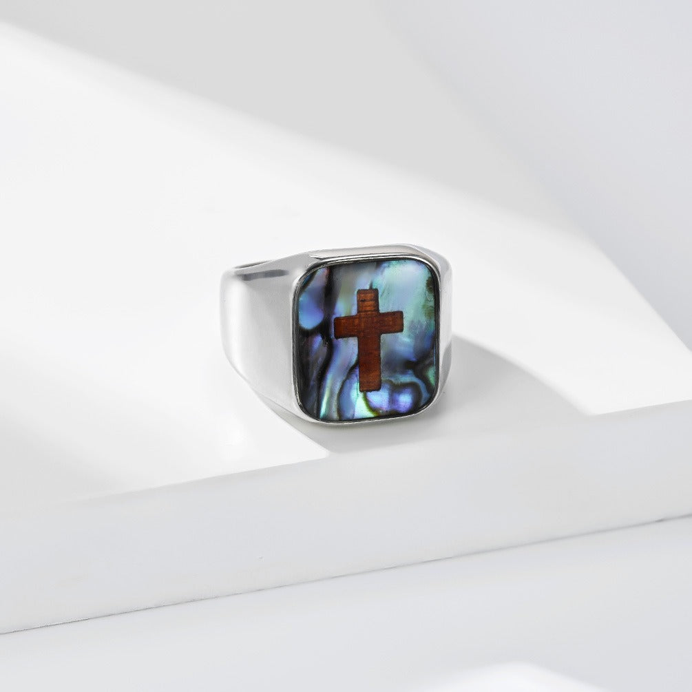 Kemstone Abalone Shell Cross Signet Ring for Men Stainless Steel K-R1239
