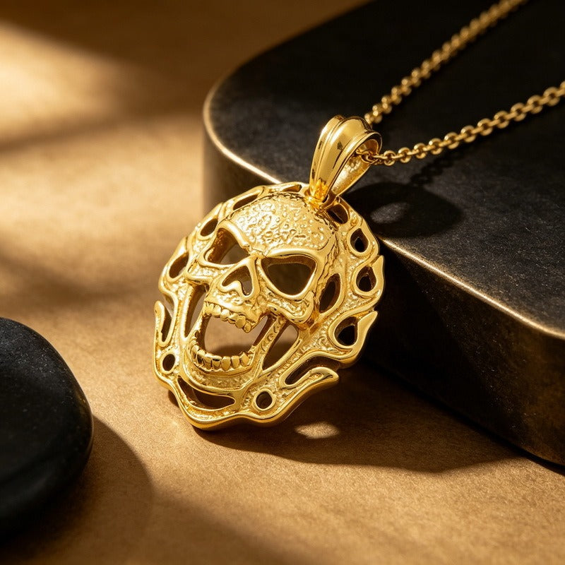 Kemstone Stainless Steel Flame Skull Pendant Necklace for Men Medallion KP118157-KJX
