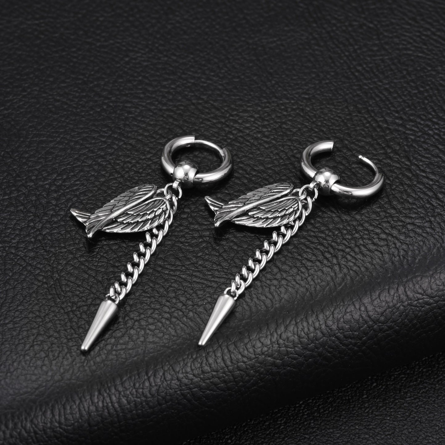 Kemston Stainless Steel Wing Chain Drop Earrings for Men Hip Hop Jewelry ED1109