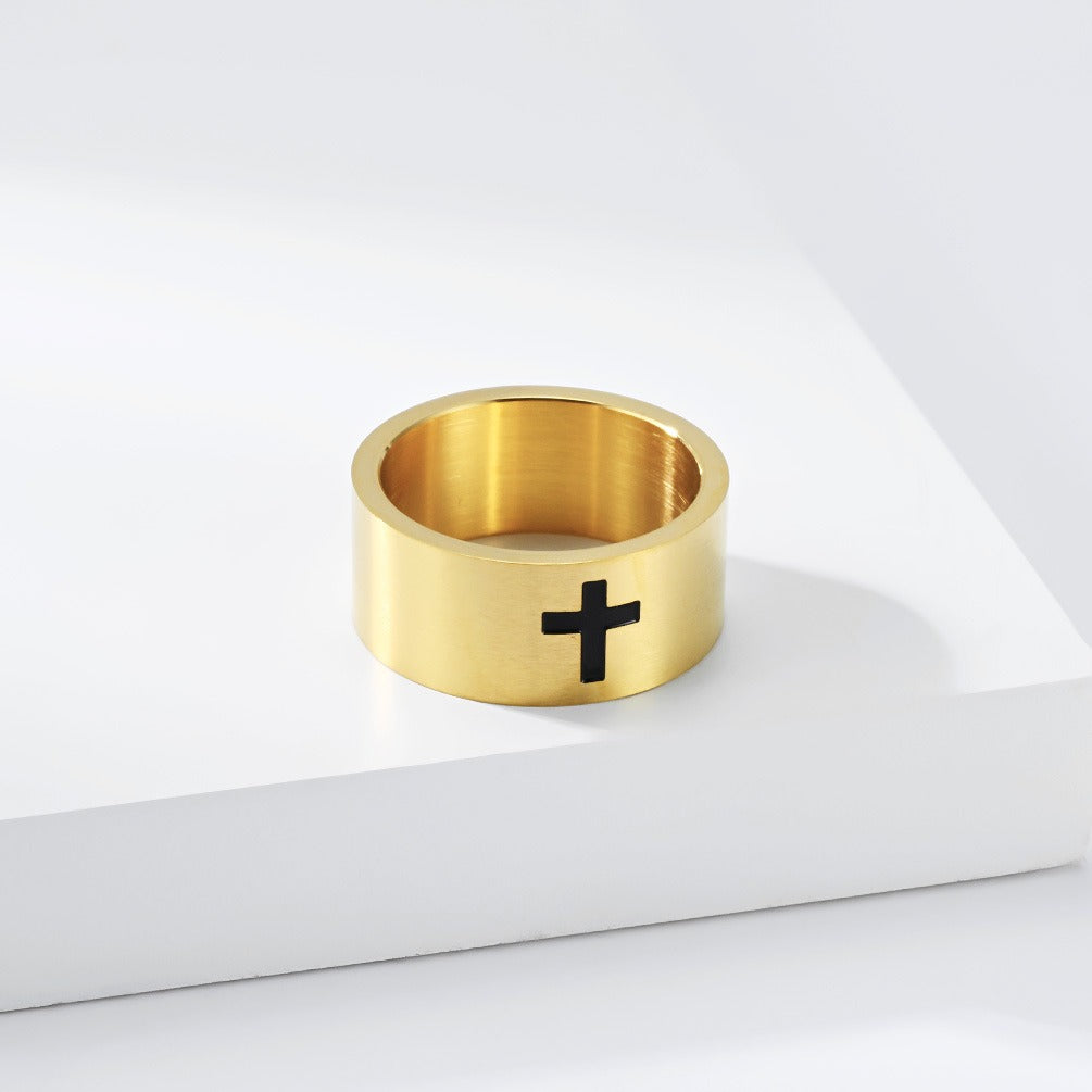 Kemstone Matte Cross Ring for Men Stainless Steel 10MM Wide Band Vintage K-R1209