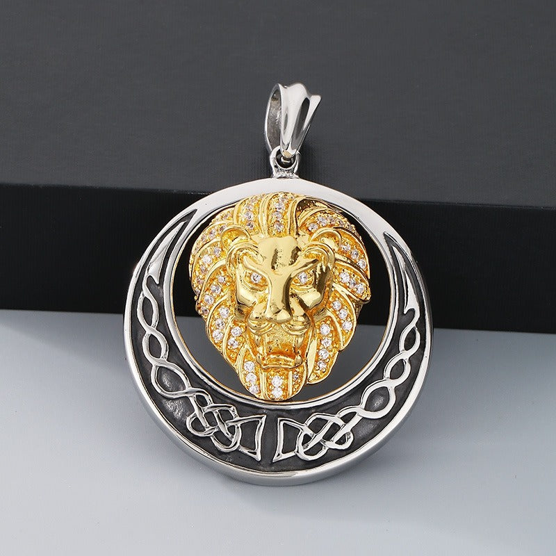 Kemstone Titanium Steel Lion Head Pendant Necklace for Men – Celtic Round Design KP33338-D