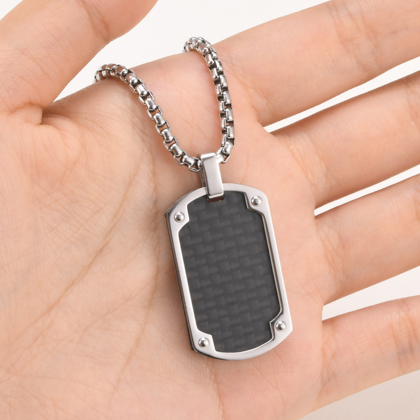 Kemstone Stainless Steel Rectangle Tag Pendant Necklace for Men – Carbon-Fiber Design PN-2085
