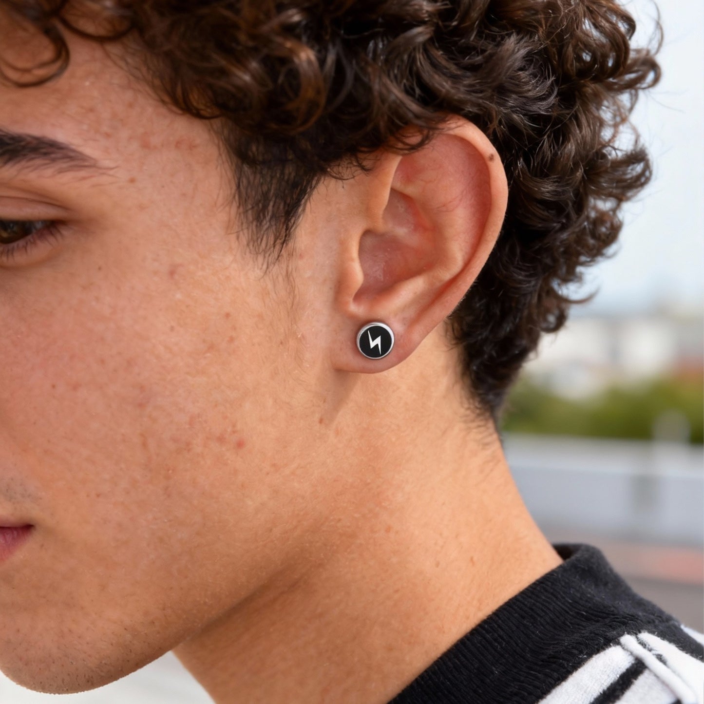 Kemstone Lightning Stud Earrings for Men Stainless Steel Black Enamel Round Stud 2PCS ES-751S