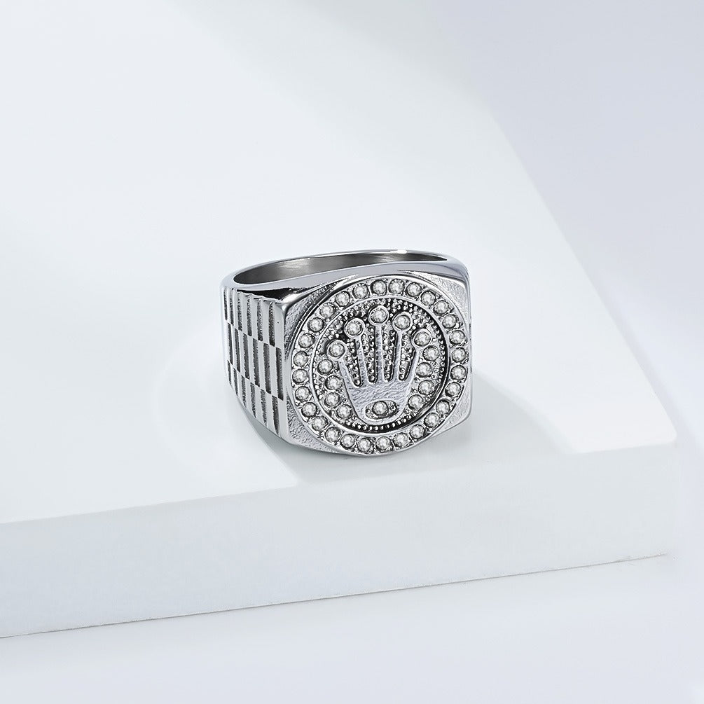 Kemston Crown Signet Ring for Men Stainless Steel Hip Hop Iced Out Band K-R1080