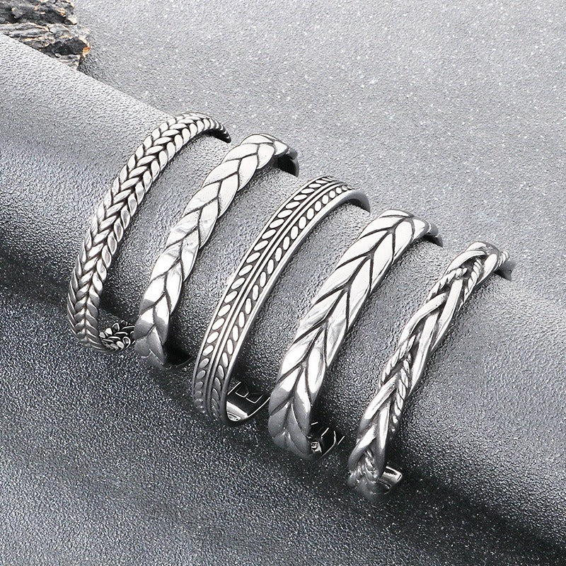 Kemstone Titanium Steel Leaf Braided Cuff Bracelet Vintage Open Style for Men KB209293-LU
