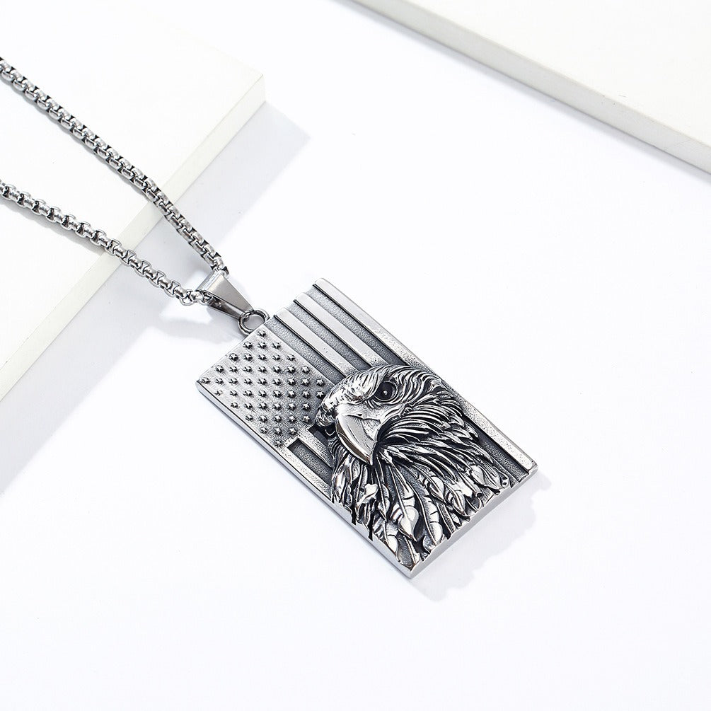 Kemstone Titanium Steel Eagle Flag Pendant Necklace for Men – Sculpted Relief Design K-PT486