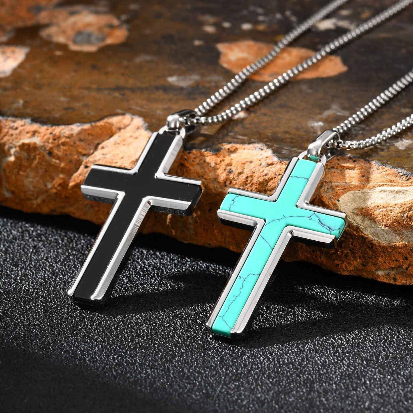 Kemstone Stainless Steel Cross Pendant Necklace – Tiger Eye & Turquoise Inlay for Men PN-2224