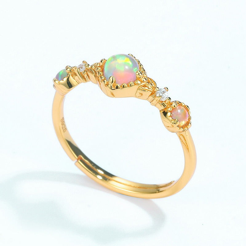 Anillo de ópalo de diseño original artesanal de Kemstone - Ajustable, plata S925, chapado en oro de 10 quilates