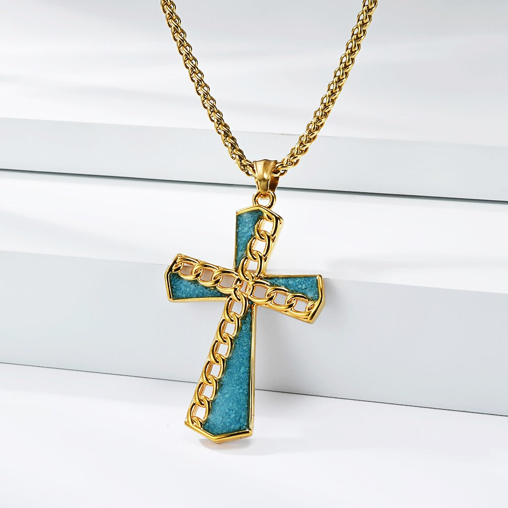 Kemstone Turquoise Inlay Stainless Steel Chain Cross Pendant Necklace for Men K-PT700