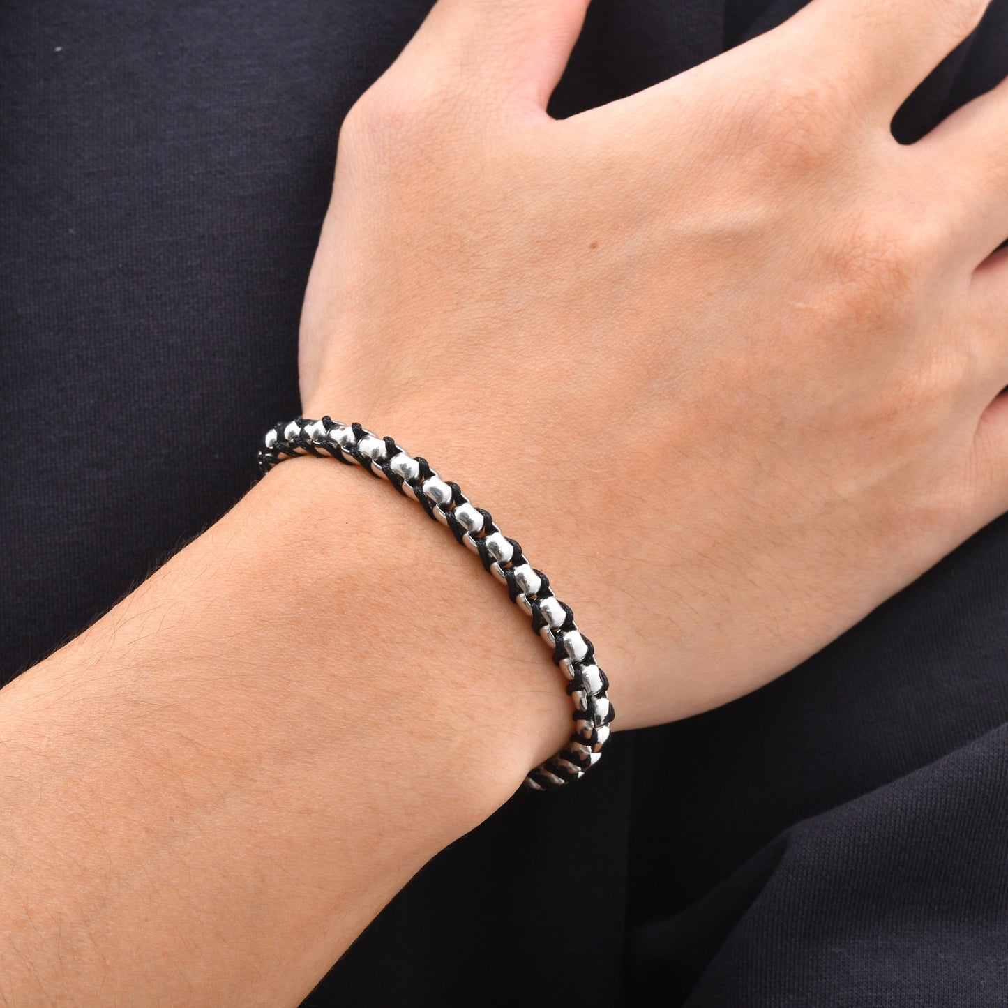 Kemston Stainless Steel Bead Rope Bracelet for Men Hip Hop Woven Chain Design BR-3170S