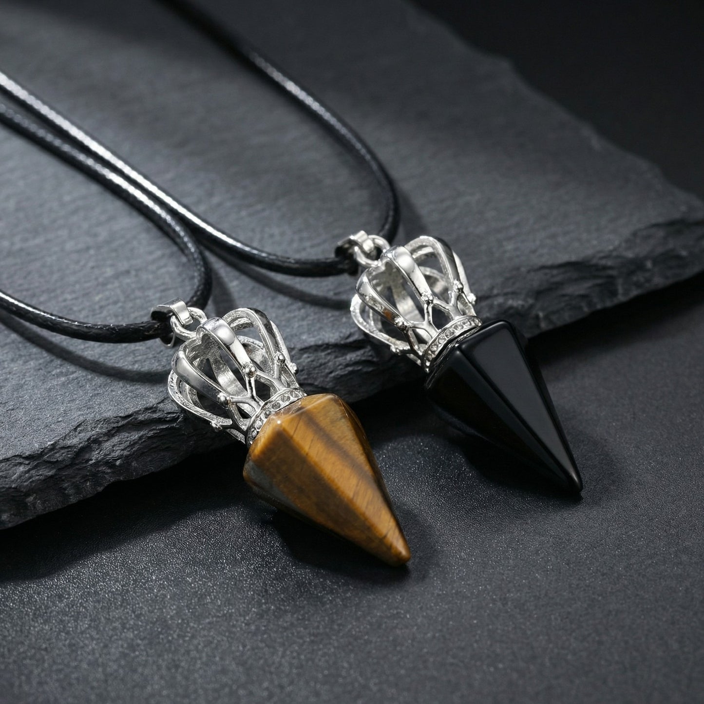 Kemstone Stainless Steel Bullet Tip Hexagonal Crown Tiger Eye Stone Pendant Necklace for Men PN-2286