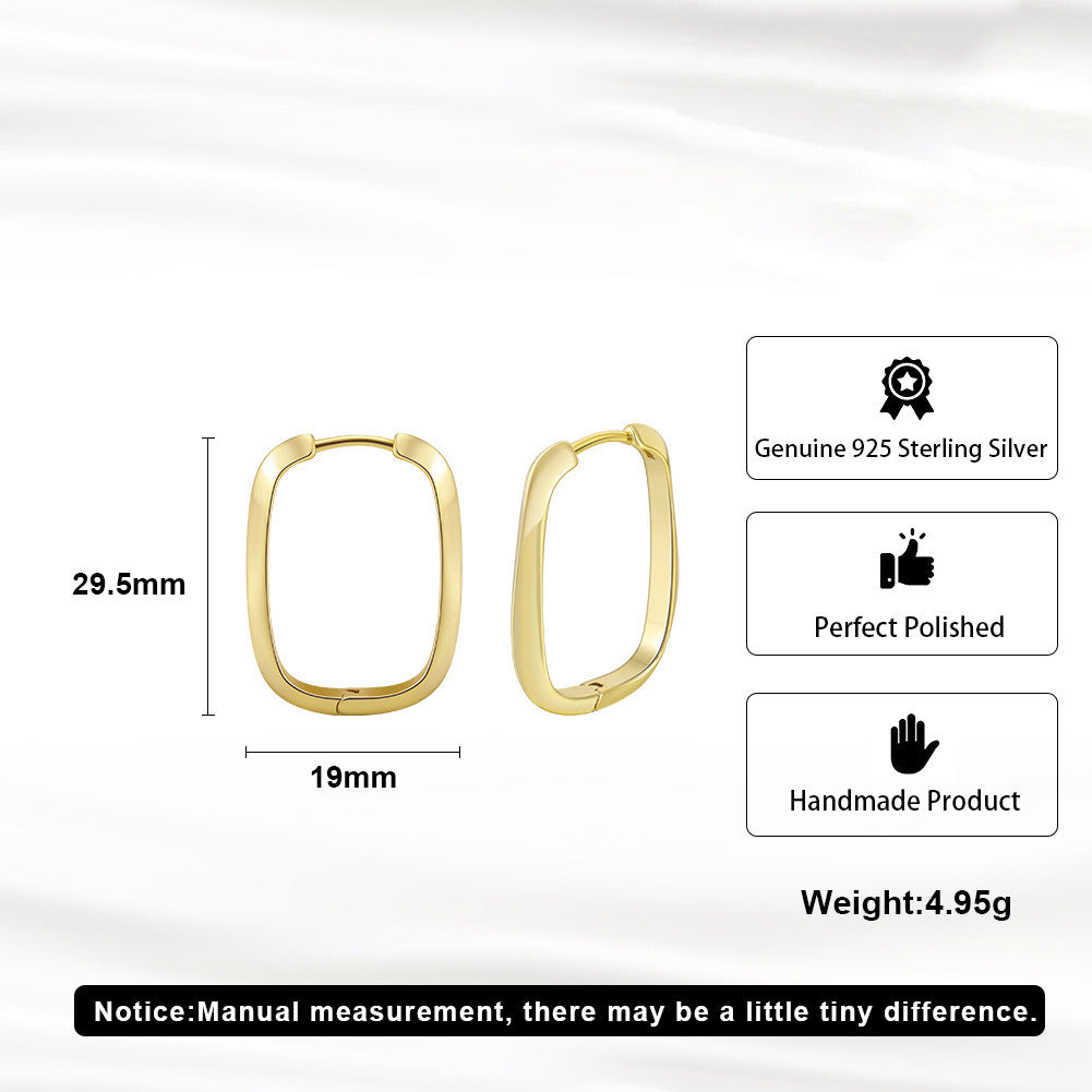 Square Hoop Earrings – 925 Sterling Silver Geometric Minimalist Handmade Jewelry for Women, Polished Lightweight Silver, 29.5x19mm  A4-GAE11