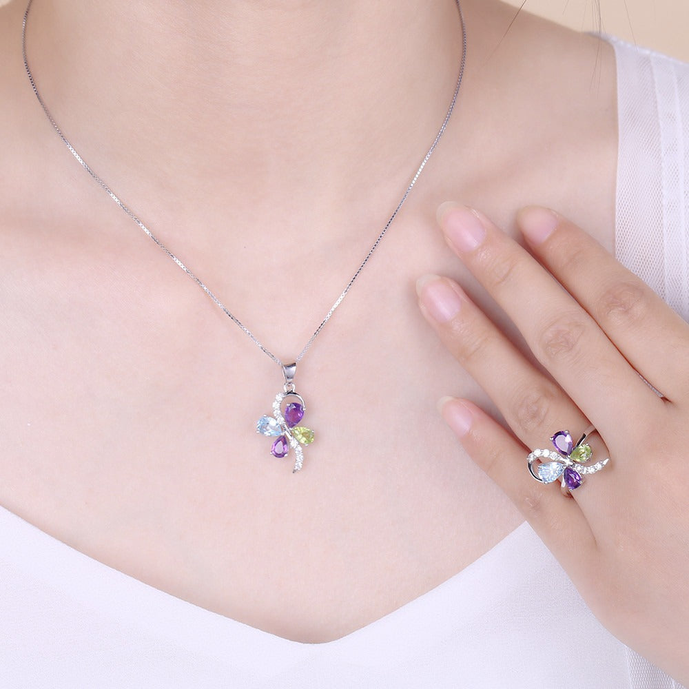 Kemstone Halskette mit natürlichem himmelblauem Topas/Amethyst/Peridot, S925 Sterlingsilber, Edelstein-Halskette für Damen, 45,7 cm