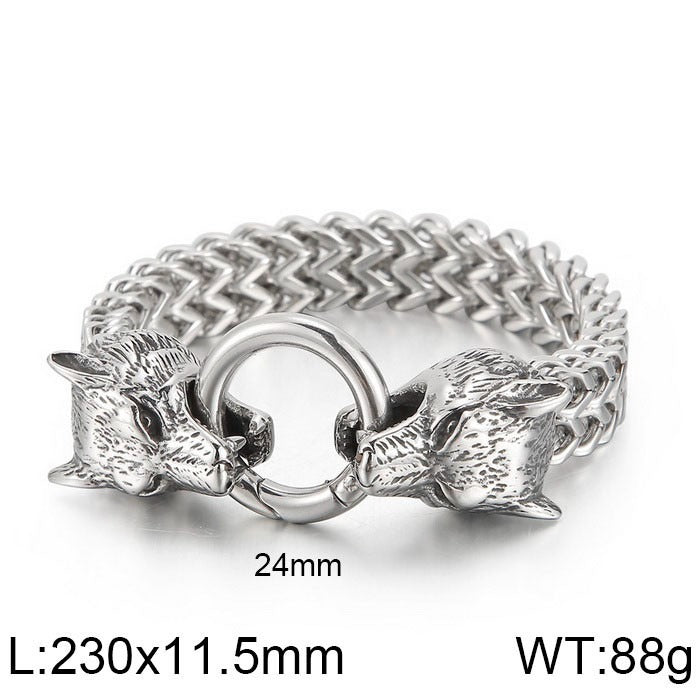 Kemstone Vintage Viking Wolf Head Titanium Steel Ring & Double Wolf Head Chain Bracelet Set - Punk Celtic Knot Adventure Jewelry for Men 	KR48275