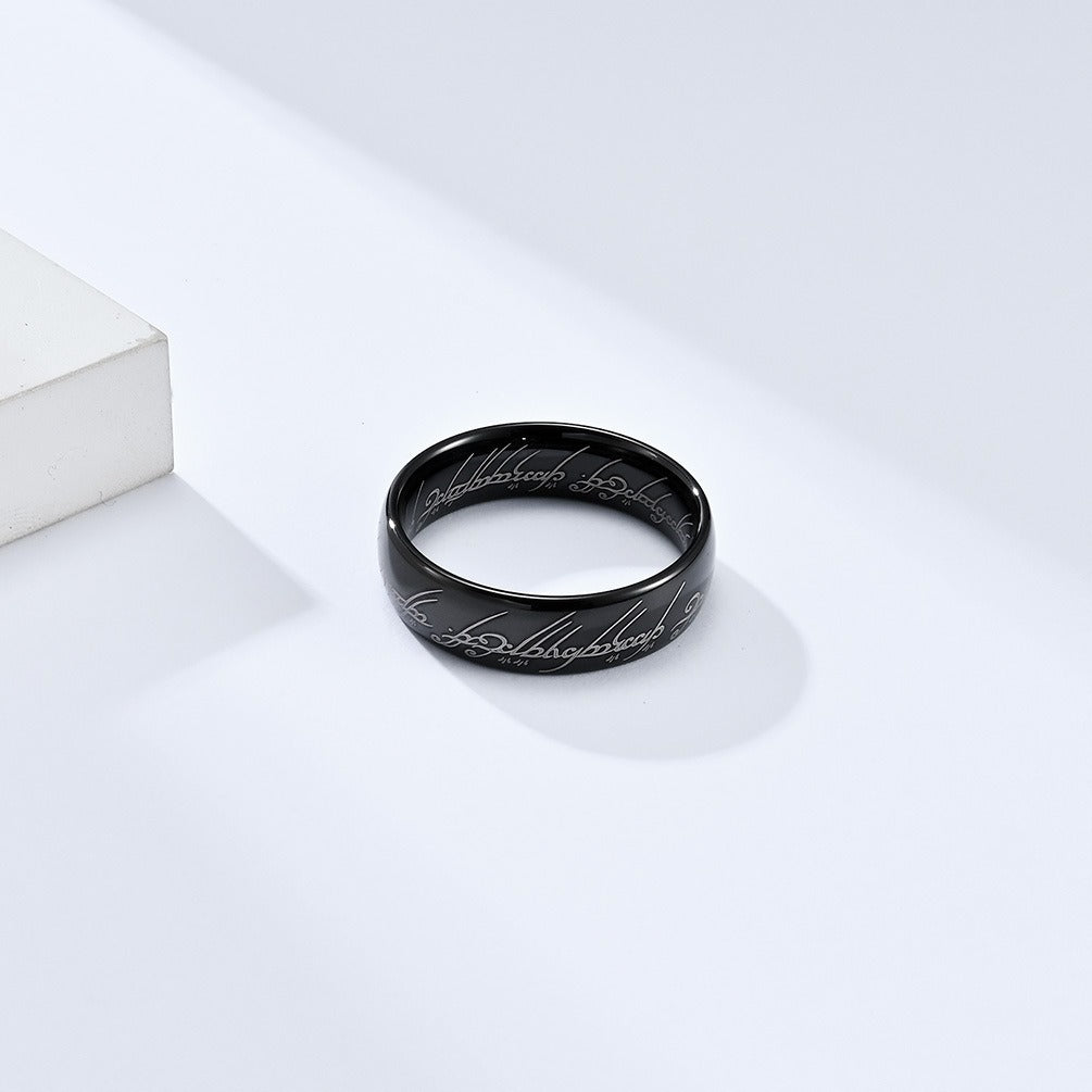 Kemstone Tungsten Steel Elvish Ring – Laser Engraved Gothic Viking Band for Men & Women | K-T032