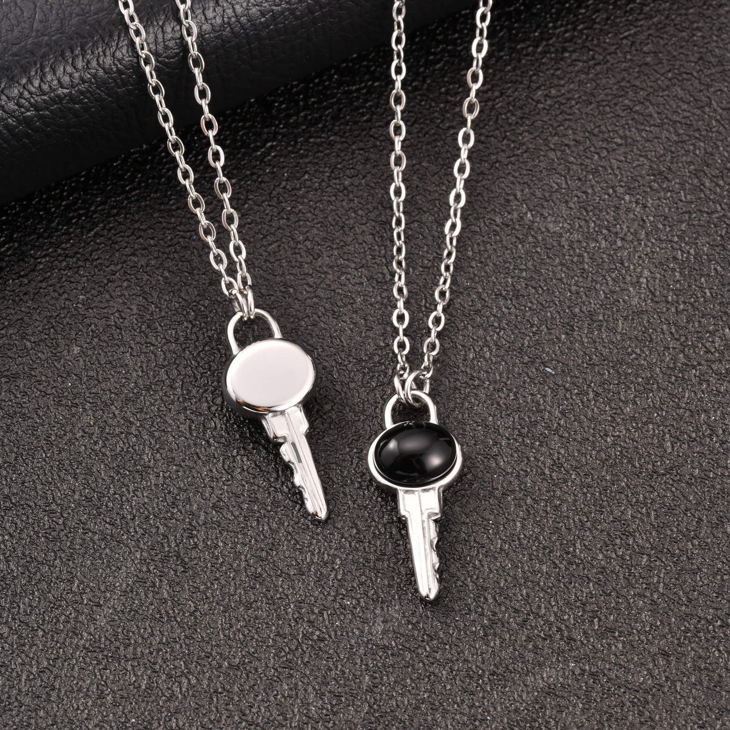 Kemstone Stainless Steel Key Pendant Necklace Black Onyx Minimalist Chain for Men & Women NC-2705