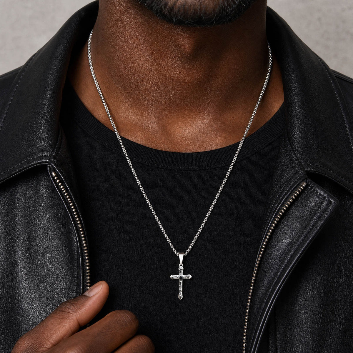 Kemstone Stainless Steel Hammered Cross Necklace for Men Cubic Zirconia Center PN-247