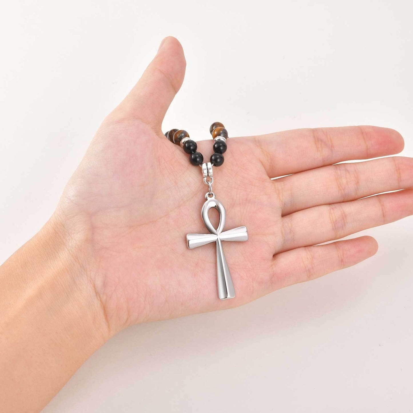 Kemstone Stainless Steel Ankh Cross Tiger Eye Beaded Necklace for Men NC-1700