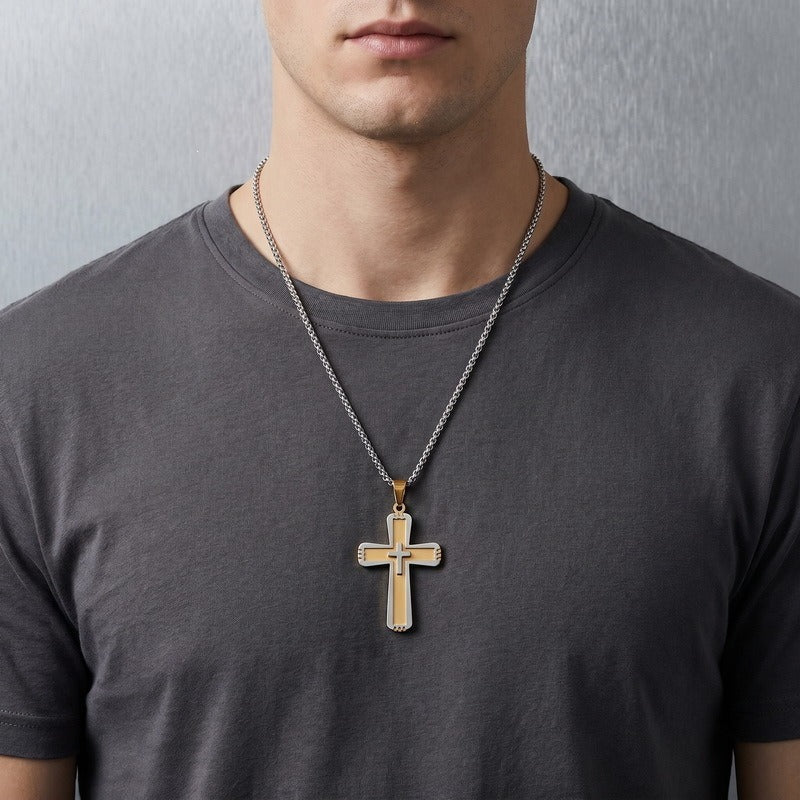 Kemston Double Layer Cross Pendant Necklace for Men Stainless Steel Inset Cross Design KP119384-KL