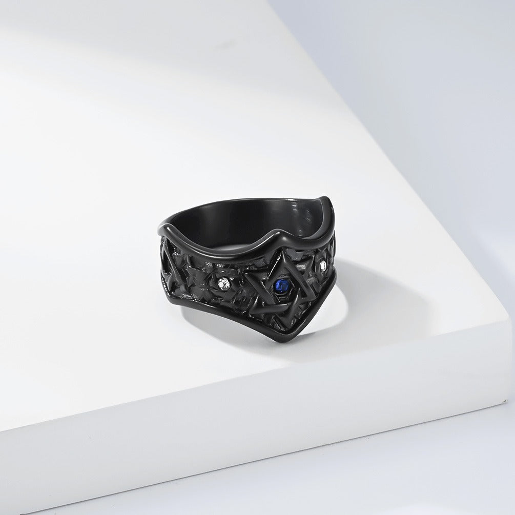 Kemstone Stainless Steel Hexagram Signet Ring for Men Cubic Zirconia Silver Gold Black K-R1152