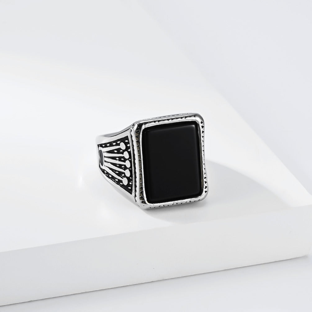 Kemstone Square Black Stone Signet Ring for Men Stainless Steel Vintage Crown Detail K-R1213