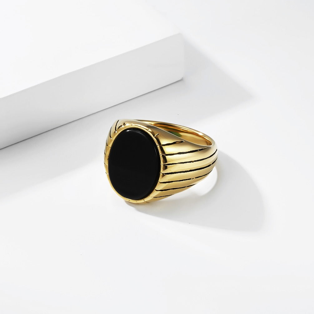 Kemstone Stainless Steel Black Stone Signet Ring for Men – Modern Masculine Oval Band K-R1175