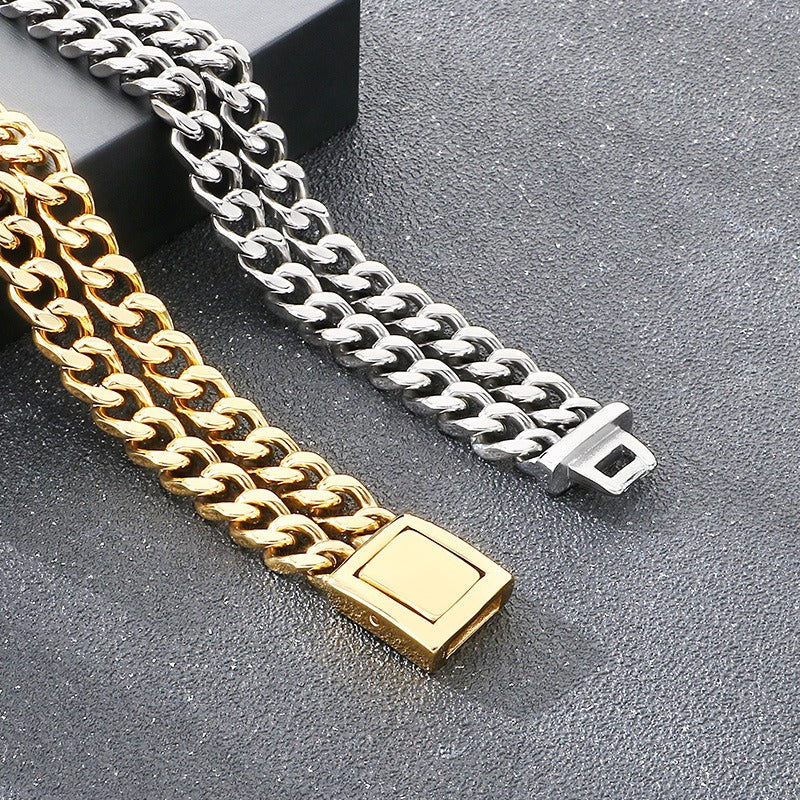 Kemstone Double Layer Cuban Chain Bracelet Titanium Steel Thick Link for Men Gold Silver KB184825-KJX