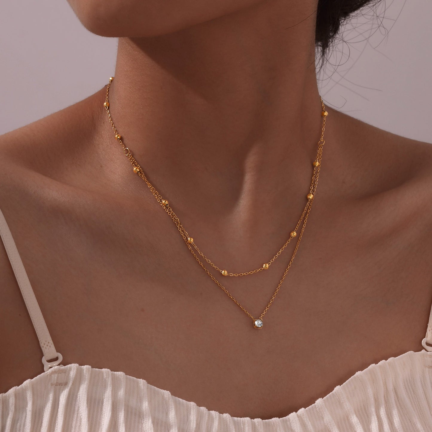 Collar elegante de acero inoxidable de doble capa con circonitas estilo INS para dama en dorado 1856