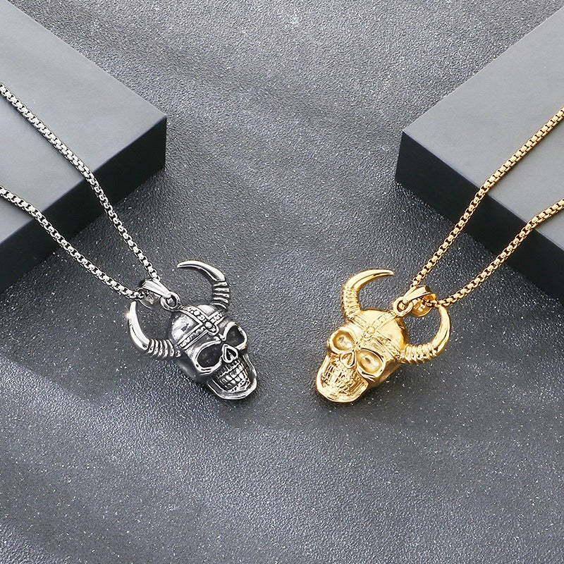 Kemstone Skull Pendant Necklace for Men Titanium Steel Horned Helmet Gold Silver KP116682-KJX