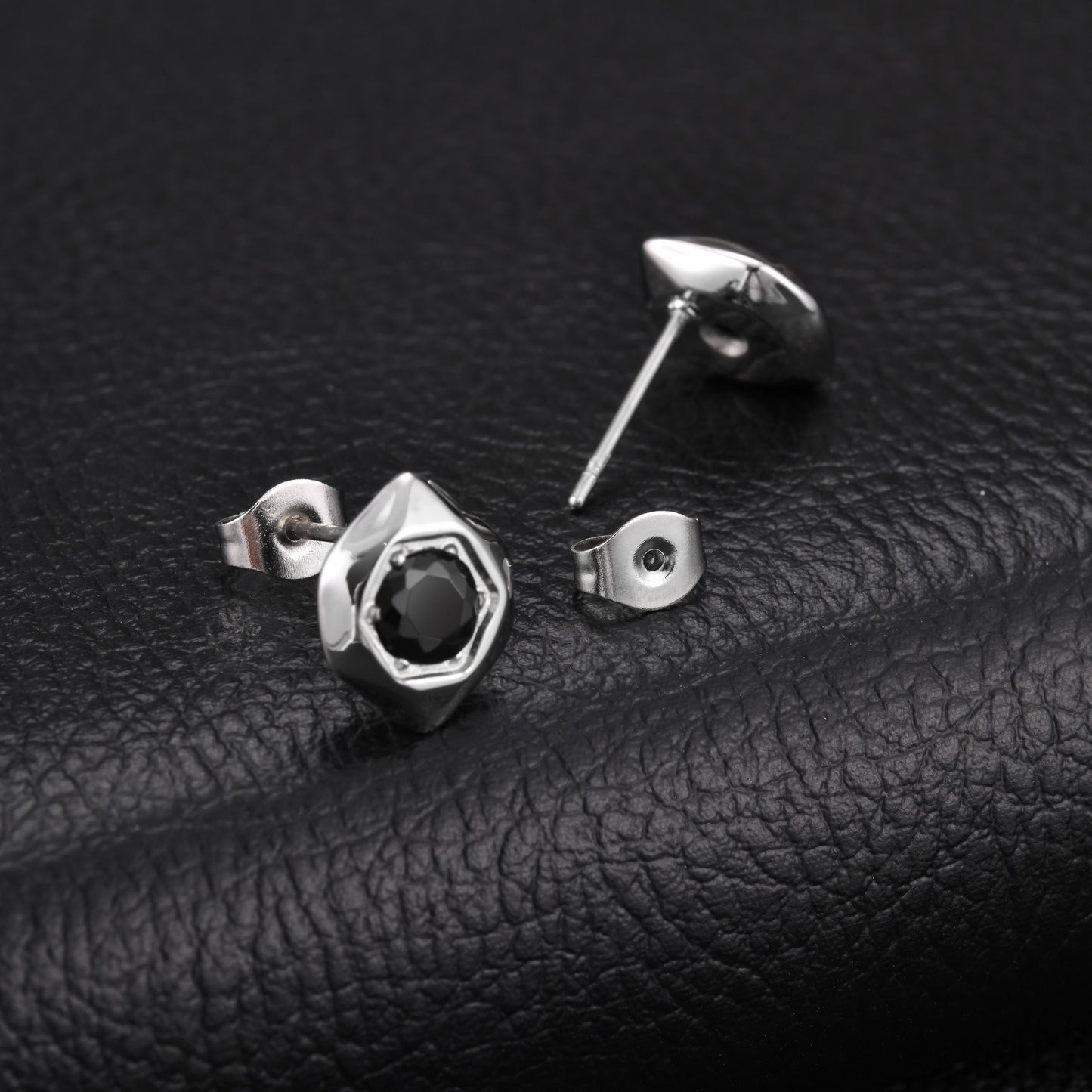 Kemston Black Cubic Zirconia Hexagon Stud Earrings for Men Stainless Steel Minimal Geometric ES-796