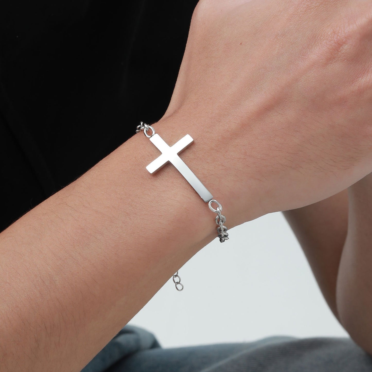 Kemstone Stainless Steel Cross Bar Bracelet for Men Silver BR-2256S