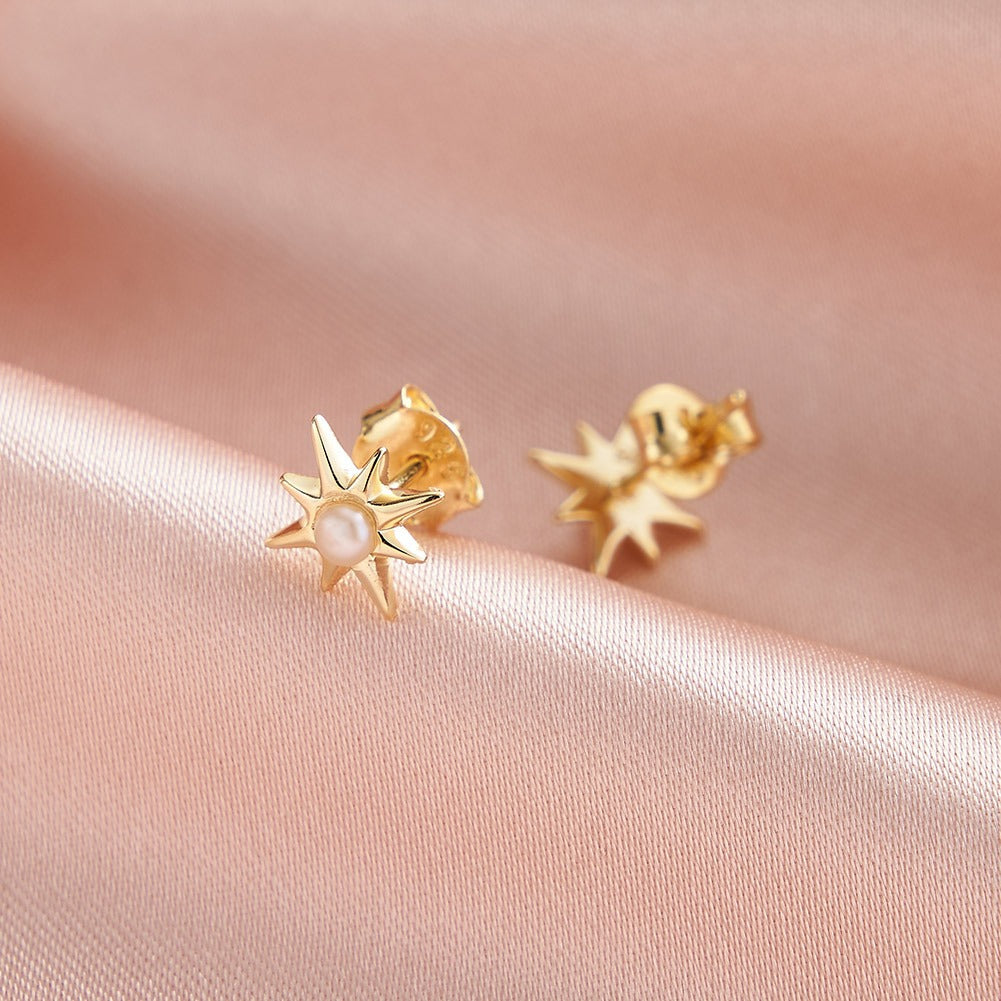 Kemstone 925 Sterling Silver Pearl Star Stud Earrings for Women Eight Point Gold GPE113