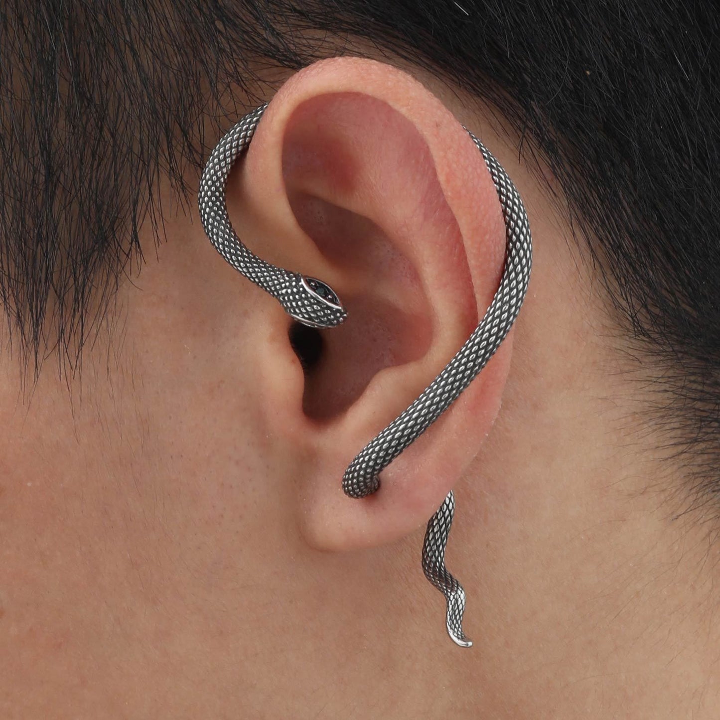 Kemstone Men’s Stainless Steel Snake Ear Cuff – Green Eye Gothic Earring ED-785